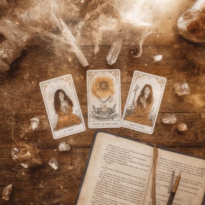 Lucid_Origin_flatlay_of_three_boho_tarot_cards_on_a_wooden_alt_3